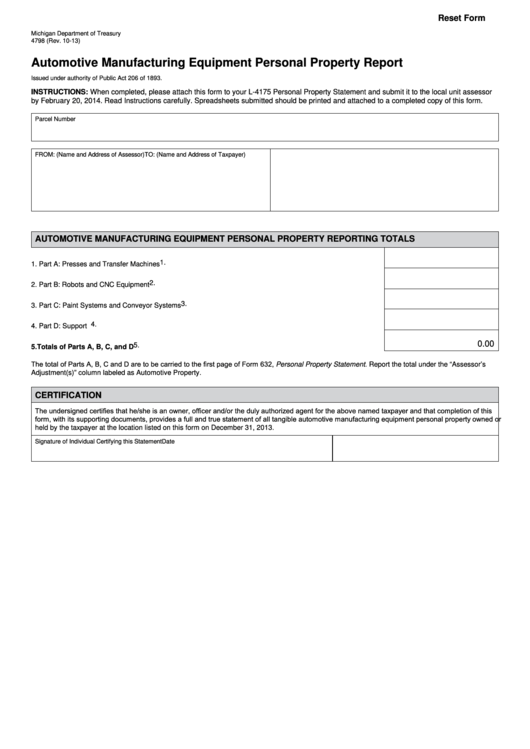Fillable Form 4798 - Automotive Manufacturing Equipment Personal Property Report Printable pdf