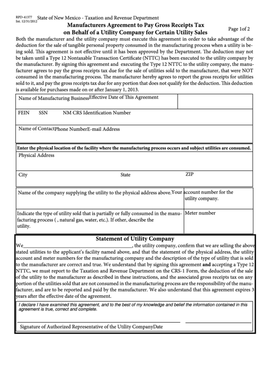Form Rpd-41377 - Manufacturers Agreement To Pay Gross Receipts Tax On Behalf Of A Utility Company For Certain Utility Sales Printable pdf