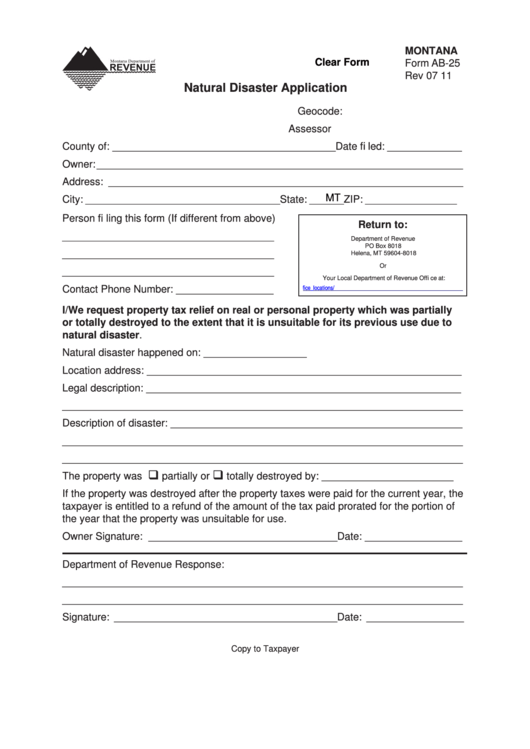 Fillable Form Ab-25 - Natural Disaster Application Printable pdf
