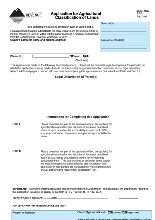 Form Ab-3 - Application For Agricultural Classification Of Lands Printable pdf