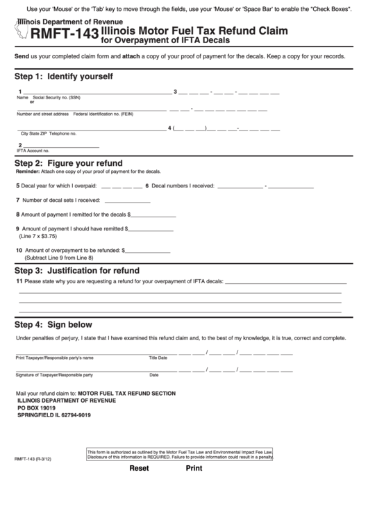 Fillable Form Rmft-143 - Illinois Motor Fuel Tax Ref Printable pdf