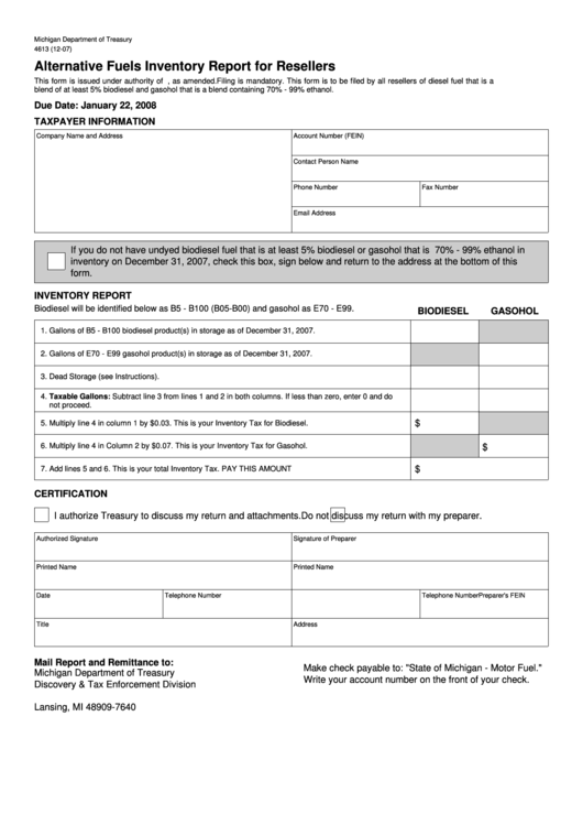 Fillable Form 4613 - Alternative Fuels Inventory Report For Resellers Printable pdf