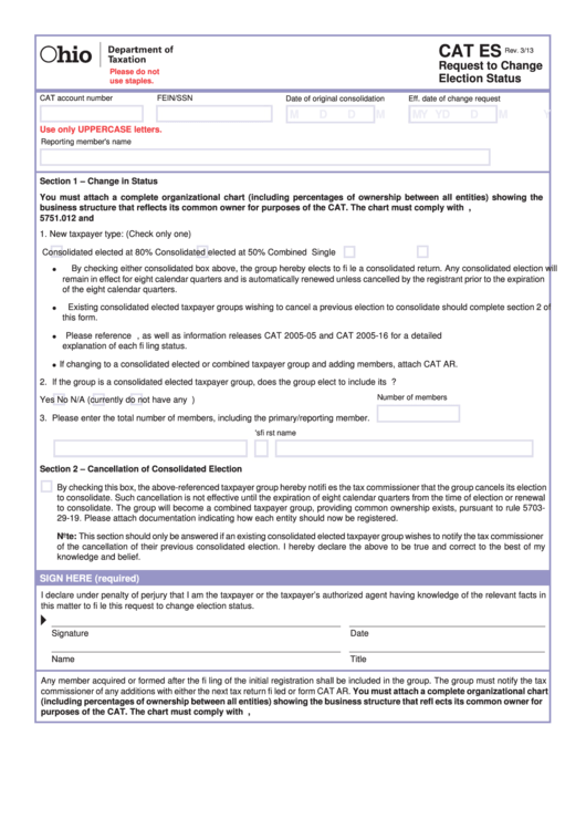 Fillable Form Cat Es - Request To Change Election Status Printable pdf