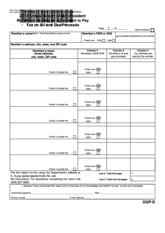 Fillable Form Rpd-41374 - 2013 Annual Report Of Non-Resident Remittees Holding An Agreement To Pay Tax On Oil And Gas Proceeds Printable pdf