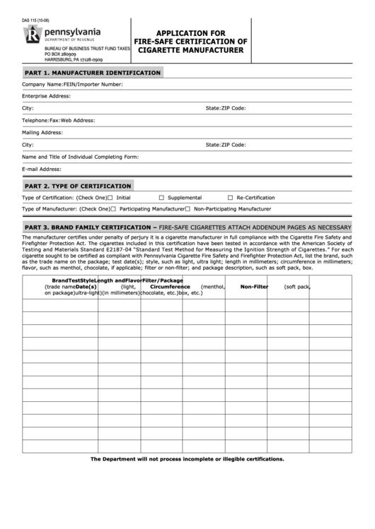 Fillable Form Das 115 - Application For Fire-Save Certification Of ...