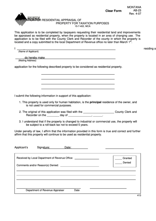 Fillable Form Montana Ab-23 - Application For Residential Appraisal Of Printable pdf
