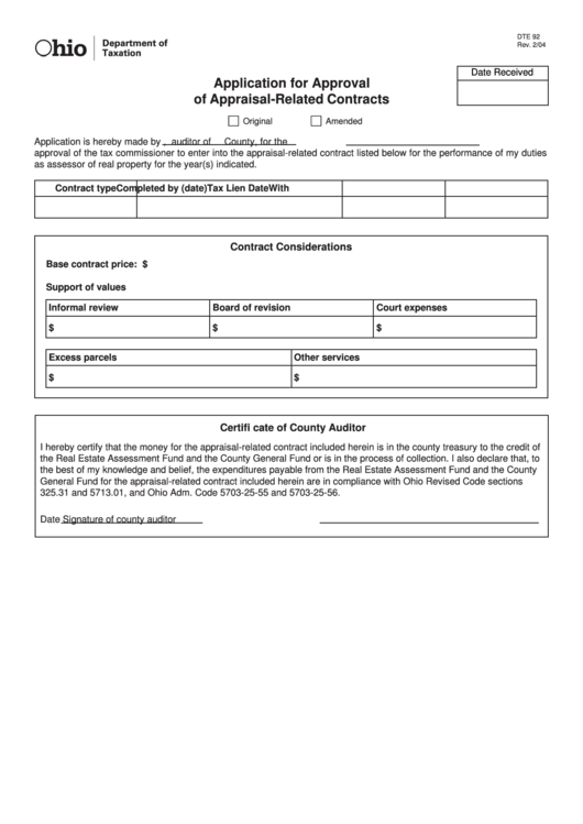 Fillable Form Dte 92 - Application For Approval Of Appraisal-Related Contracts Printable pdf