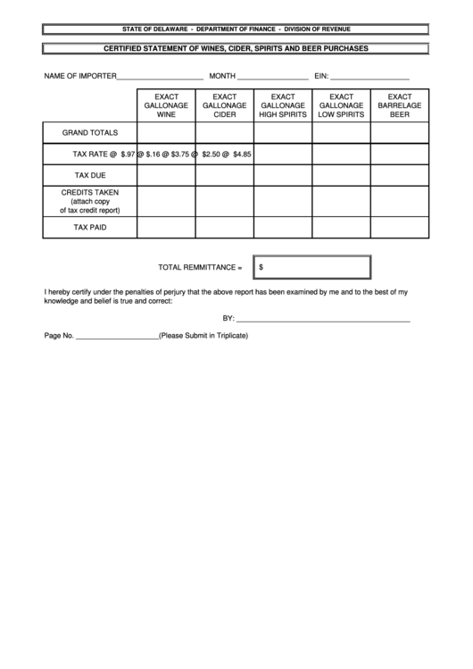 Fillable Certified Statement Of Wines, Cider, Spirits And Beer Purchases Printable pdf