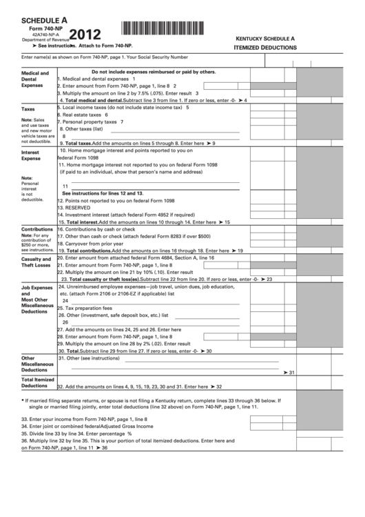 Form 740-Np Schedule A - Itemized Deductions - 2012 Printable pdf