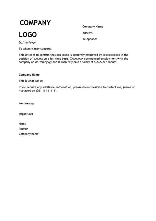 Employment Letter Template Printable pdf