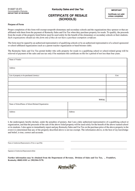 Fillable Form 51a227 - Certificate Of Resale (Schools) Printable pdf