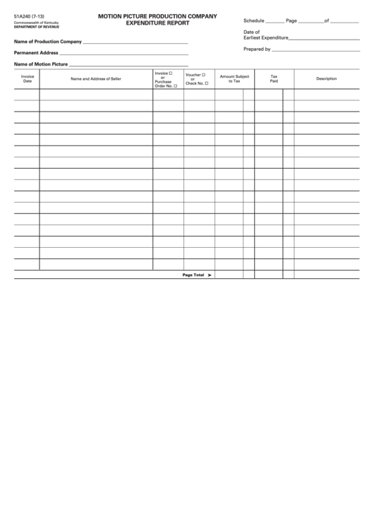 Fillable Form 51a240 - Motion Picture Production Company Expenditure Report Printable pdf