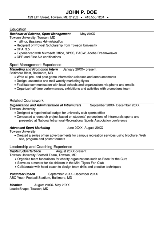 Sport Management Resume Template - Sample Printable pdf
