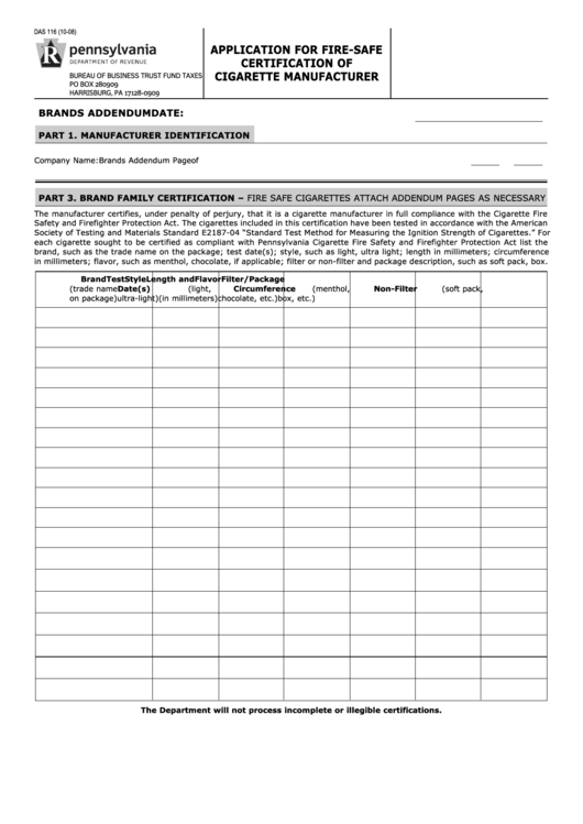 Form Das 116 - Application For Fire-Safe Certification Of Cigarette Manufacturer Printable pdf