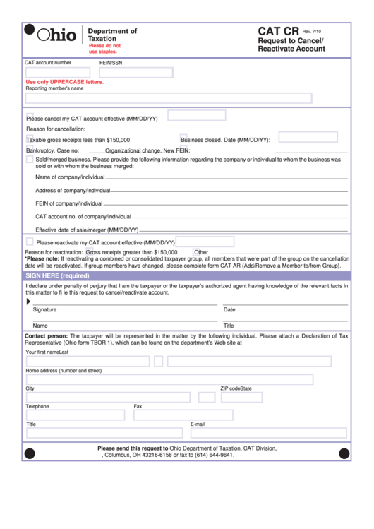 Fillable Form Cat Cr - Request To Cancel/reactivate Account Printable pdf