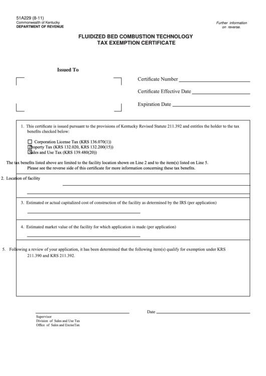 Form 51a229 - Fluidized Bed Combustion Technology Tax Exemption Certificate Printable pdf