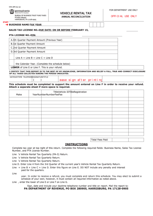 Fillable Form Das-28r - Vehicle Rental - Tax Annual Reconciliation Printable pdf