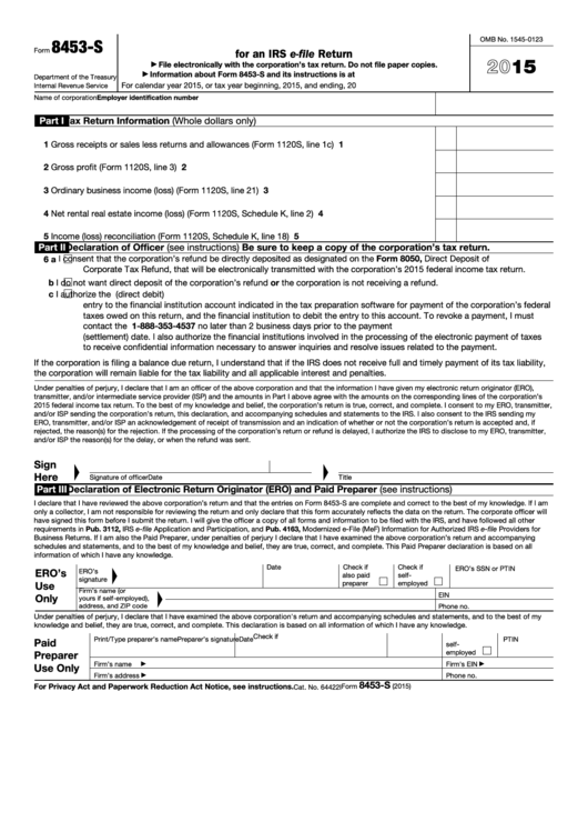 Fillable Form 8453-S - U.s. S Corporation Income Tax Declaration For An Irs E-File Return - 2015 Printable pdf