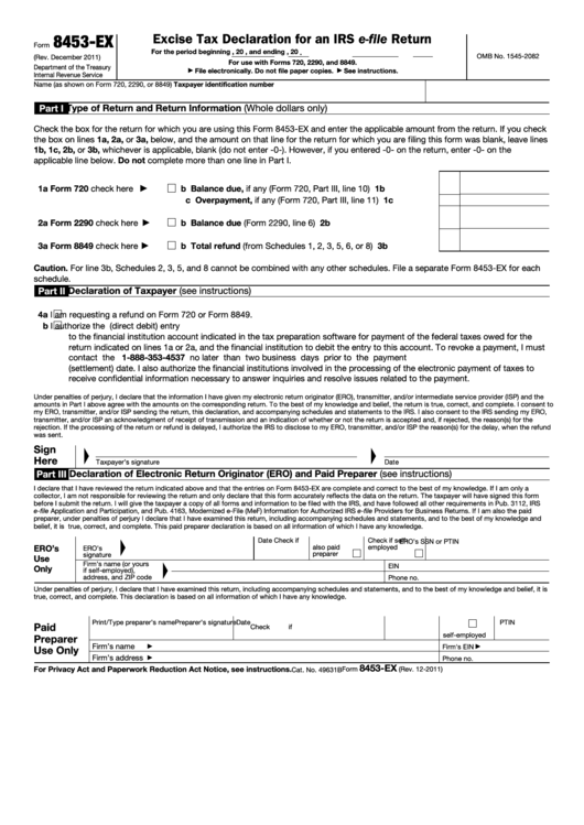 Fillable Form 8453-Ex - Excise Tax Declaration For An Irs E-File Return Printable pdf