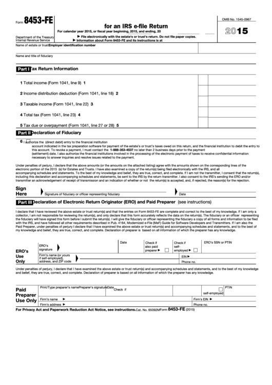 Form 8453-fe - U.s. Estate Or Trust Declaration For An Irs E-file Return - 2015