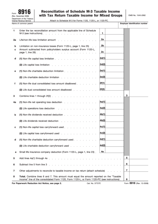Fillable Form 8916 - Reconciliation Of Schedule M-3 Taxable Income With Tax Return Taxable Income For Mixed Groups Printable pdf