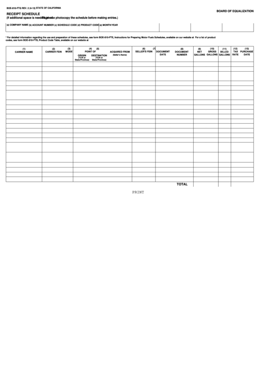 Fillable Form Boe-810-Ftg - Receipt Schedule Printable pdf