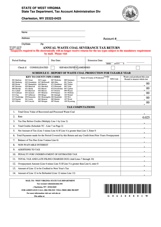 Fillable Form Wv/sev-401w - Annual Waste Coal Severance Tax Return Printable pdf