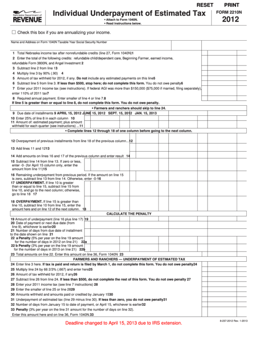 Fillable Form 2210n - Individual Underpayment Of Estimated Tax - 2012 Printable pdf