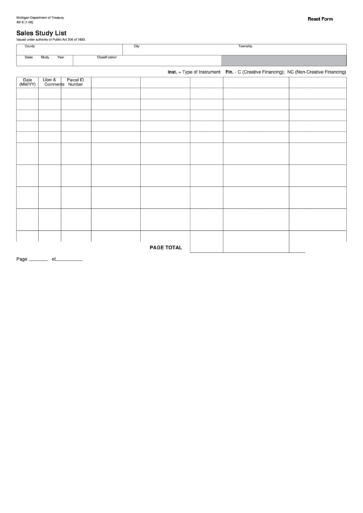Fillable Form 4618 - Sales Study List Printable pdf