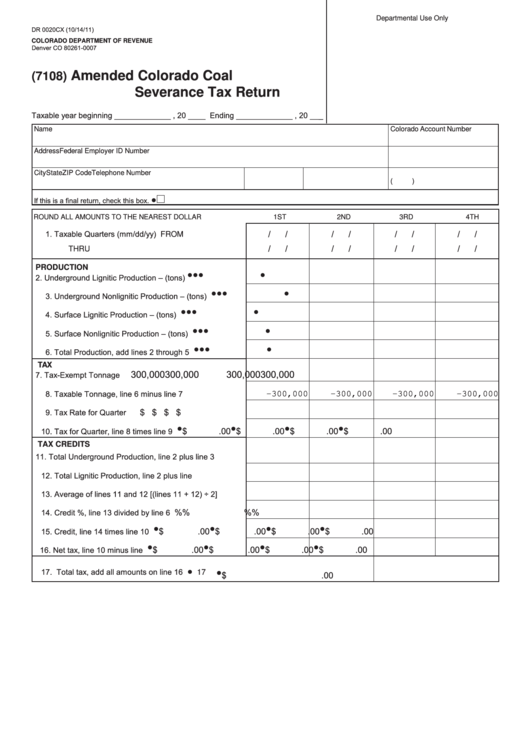 Fillable Form Dr 0020cx - Amended Colorado Coal Severance Tax Return - 2011 Printable pdf