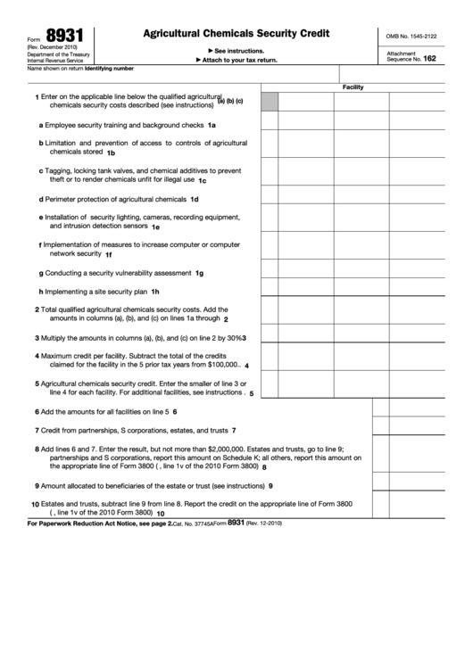 Fillable Form 8931 - Agricultural Chemicals Security Credit Printable pdf