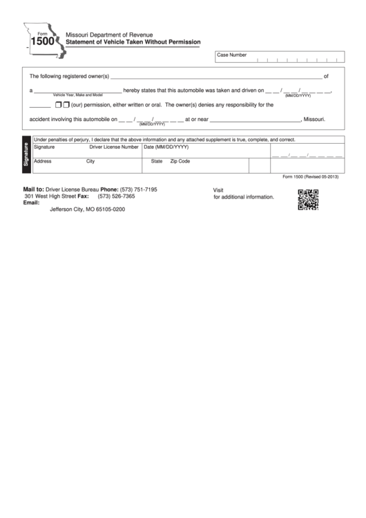 Fillable Form 1500 - Statement Of Vehicle Taken Without Permission Printable pdf