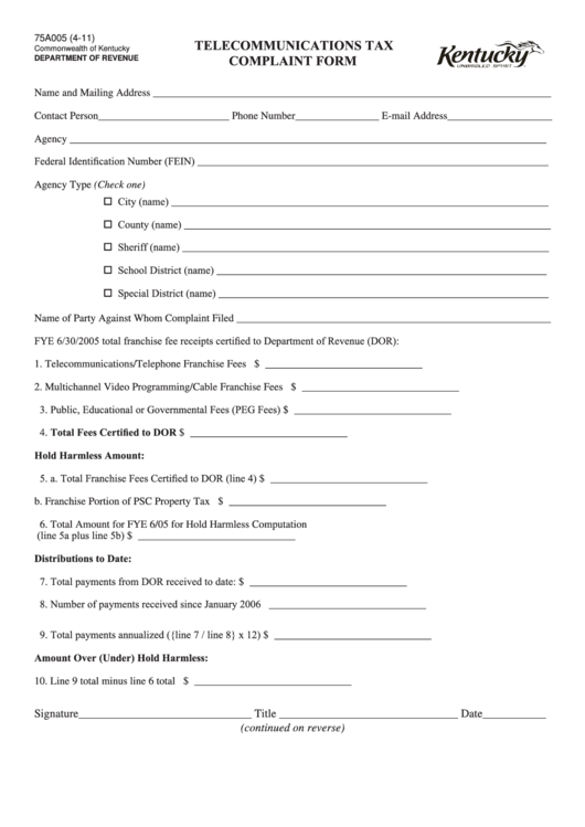 Fillable Form 75a005 - Telecommunications Tax Complaint Form Printable pdf