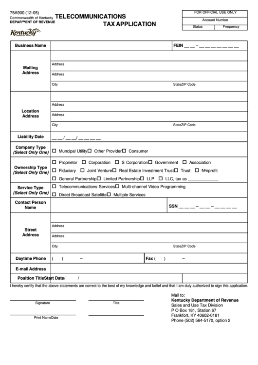 Fillable Form 75a900 - Telecommunications Tax Application Printable pdf