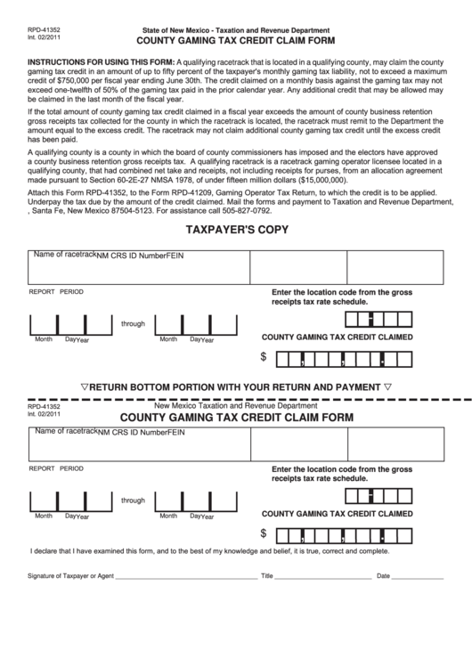 Form Rpd-41352 - County Gaming Tax Credit Claim Form Printable pdf