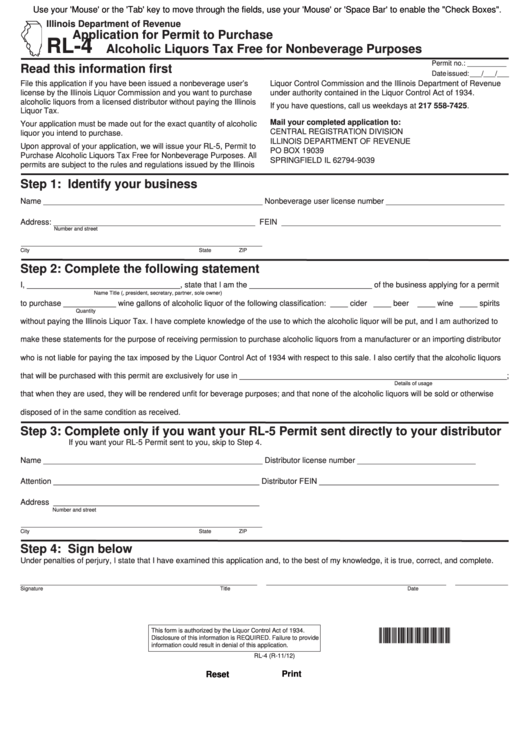 Fillable Form Rl-4 - Application For Permit To Purchase Alcoholic Liquors Tax Free For Nonbeverage Purposes Printable pdf