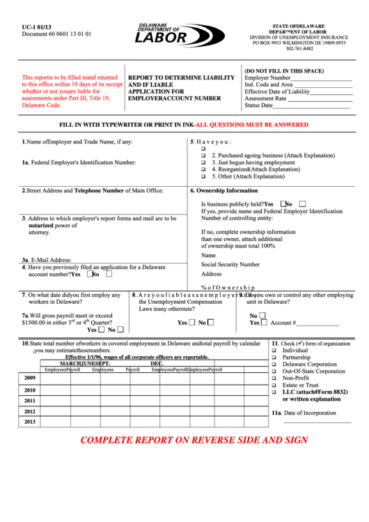 Form Uc-1 - Complete Report On Reverse Side And Sign