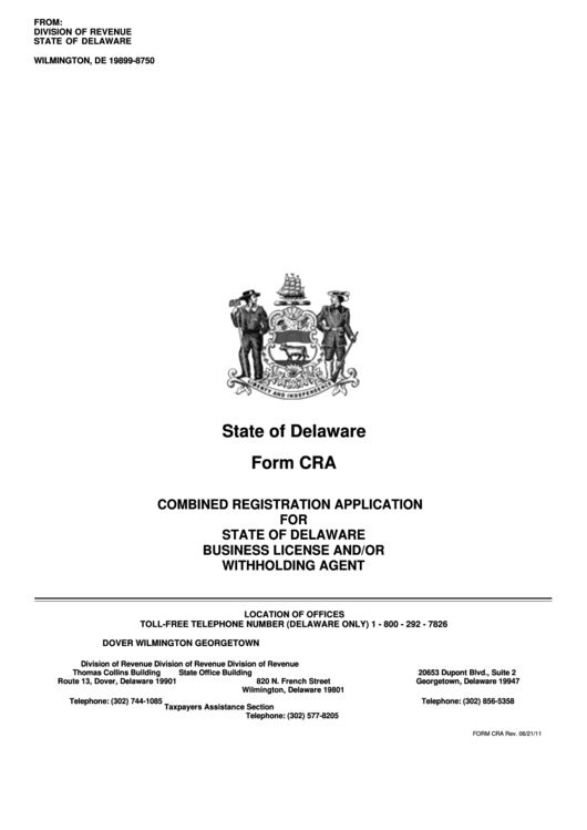 Fillable Form Cra - Combined Registration Application For State Of Delaware Business License And/or Withholding Agent Printable pdf