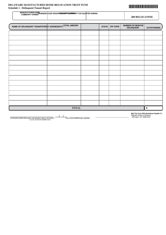 Fillable Schedule 1 - Delinquent Tenant Report - Delaware Manufactured Home Relocation Trust Fund Printable pdf