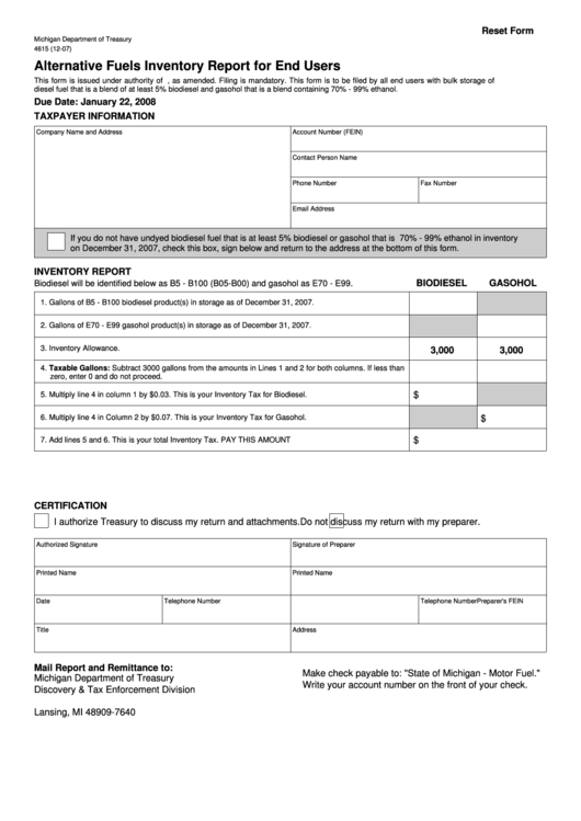 Fillable Form 4515 - Alternative Fuels Inventory Report For End Users Printable pdf