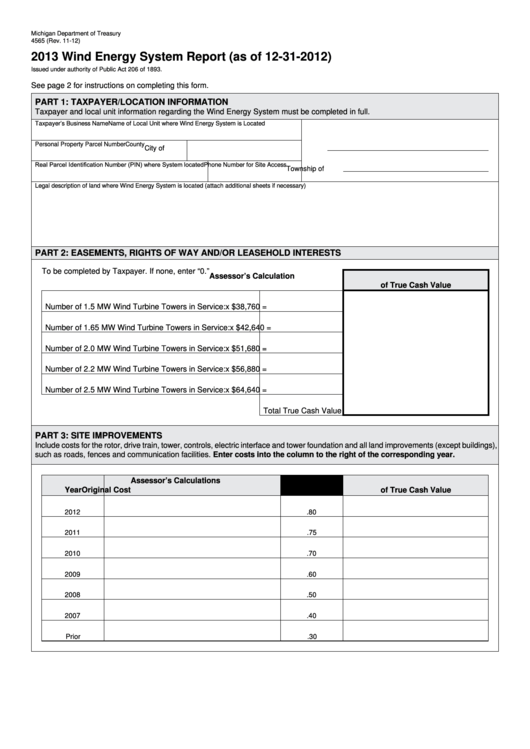 Fillable Form 4565 - 2013 Wind Energy System Report (As Of 12-31-2012) Printable pdf
