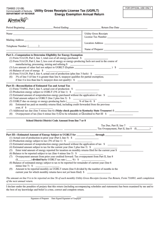 Fillable Form 73a902 - Utility Gross Receipts License Tax (Ugrlt) Energy Exemption Annual Return Printable pdf