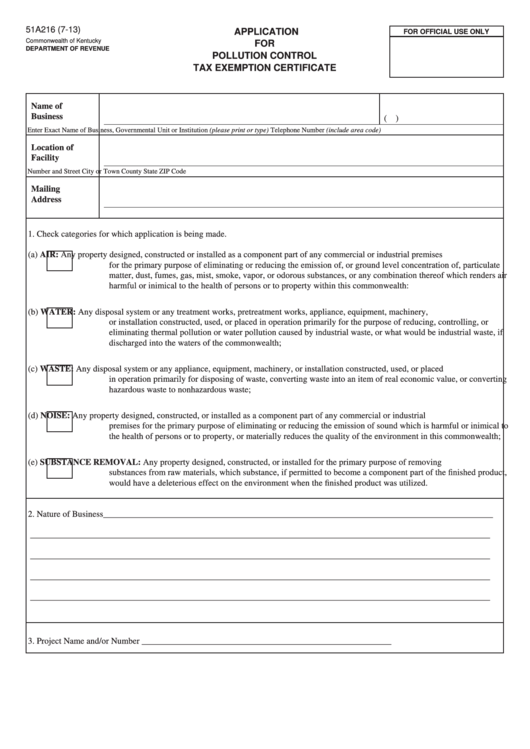 Form 51a216 - Application For Pollution Control Tax Exemption Certificate
