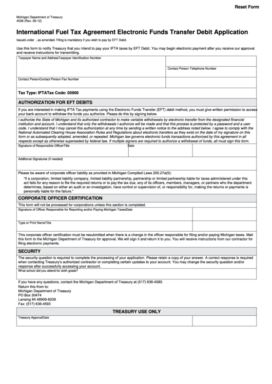 Fillable Form 4536 - International Fuel Tax Agreement Electronic Funds Transfer Debit Application Printable pdf