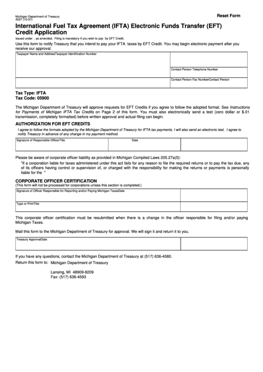 Fillable Form 4537 - International Fuel Tax Agreement (Ifta) Electronic Funds Transfer (Eft) Credit Application Printable pdf