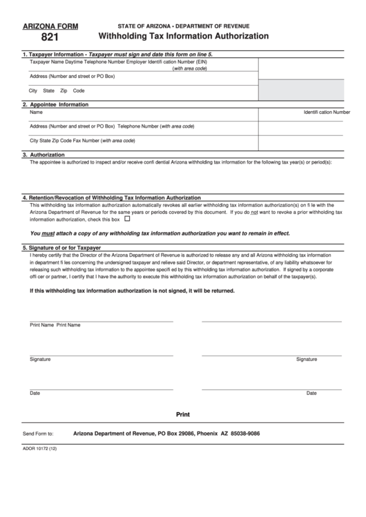Fillable Arizona Form 821 - Withholding Tax Information Authorization Printable pdf