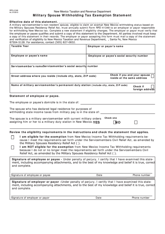 Fillable Form Rpd-41348 - Military Spouse Withholding Tax Exemption Statement Printable pdf