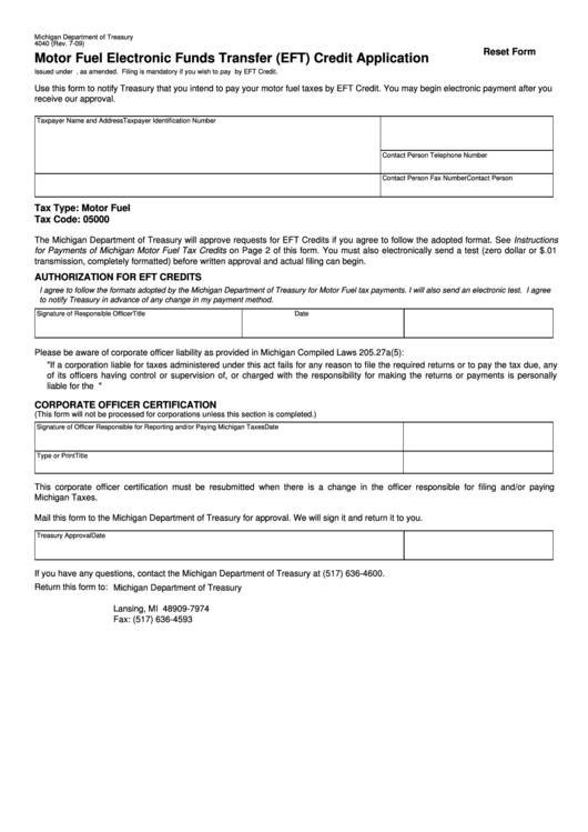 Fillable Form 4040 - Motor Fuel Electronic Funds Transfer (Eft) Credit Application Printable pdf