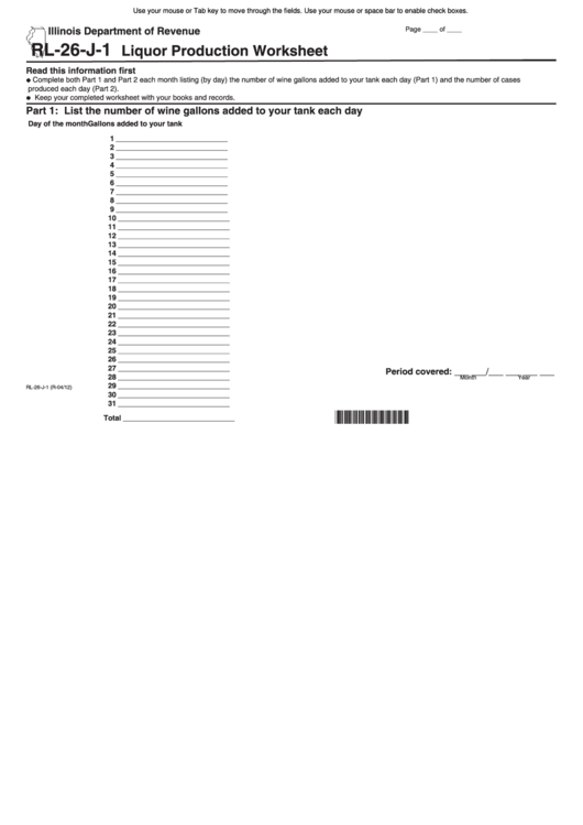 Fillable Form Rl-26-J-1 - Liquor Production Worksheet Printable pdf