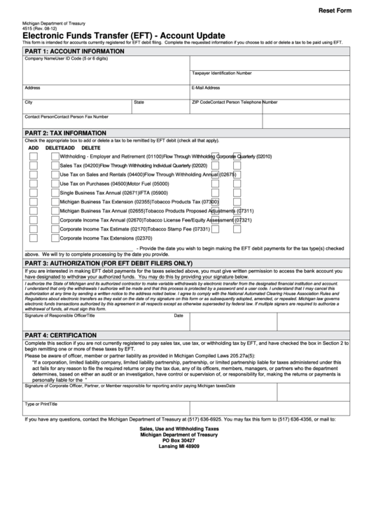 Fillable Form 4515 - Electronic Funds Transfer (Eft) - Account Update Printable pdf